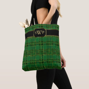 Green Christmas Gold Plaid Monogram Tartan Tote Bag
