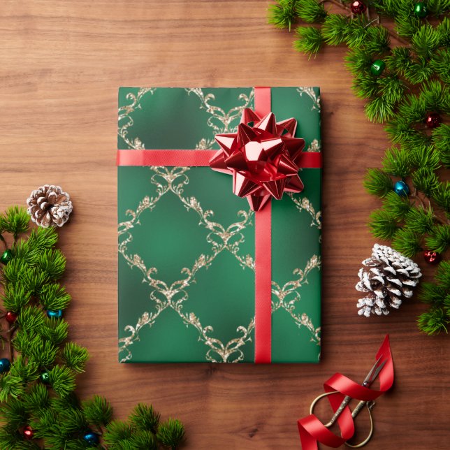 Green Christmas Holiday Gold Damask Gift Wrapping Paper (Holiday Gift)