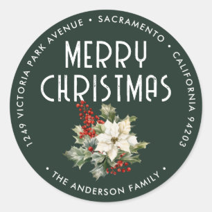 Green Christmas Holly Berries Return Address Classic Round Sticker