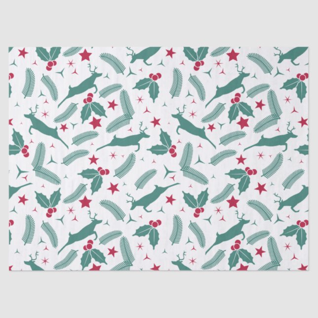 Green Christmas holly & deer pattern Tissue Paper (Front)
