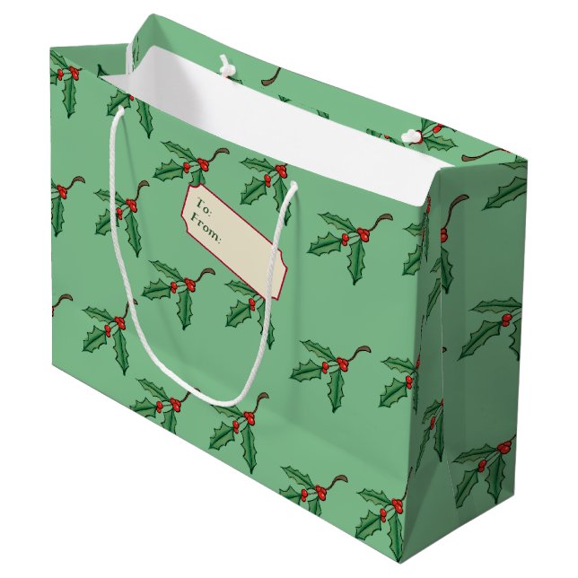 Green Christmas Holly Name Tag Gift Bag (Front Angled)