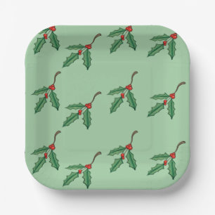 Green Christmas Holly Paper Plates
