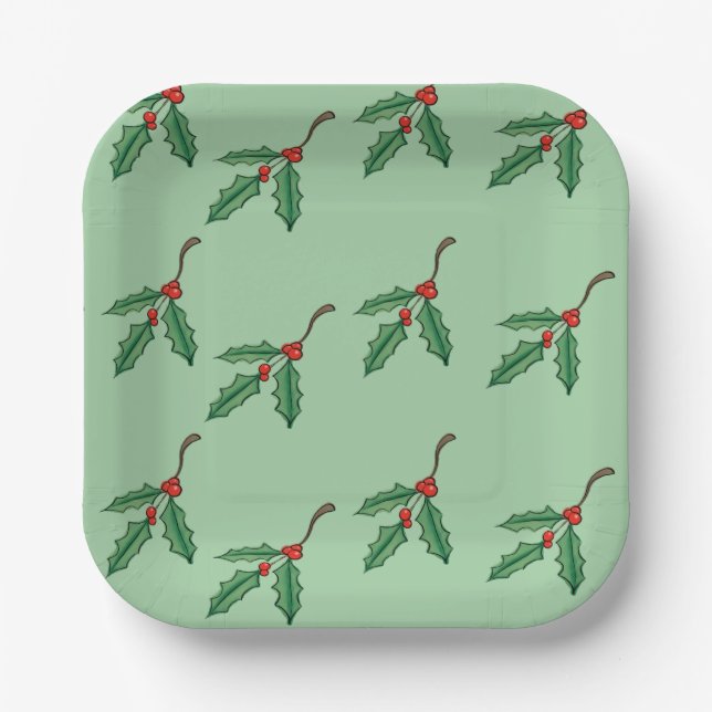 Green Christmas Holly Paper Plates  (Front)