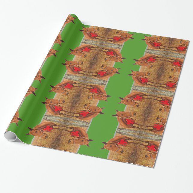 Green :Christmas Horse with red bow Wrapping Paper (Unrolled)