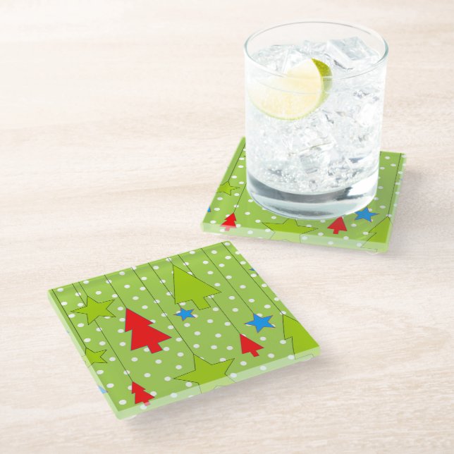 Green Christmas Illustration Glass Coaster (Angled)