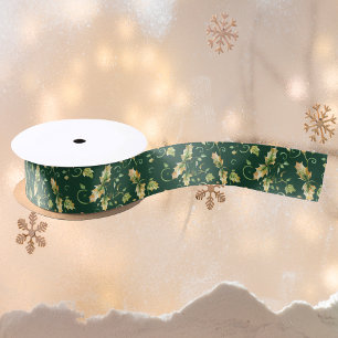 Green Christmas Leaves Vintage Elegant Pattern Satin Ribbon