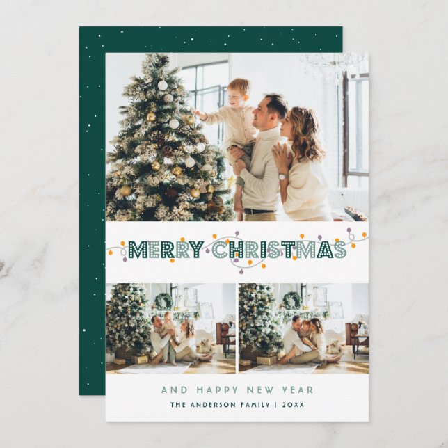 Green Christmas Lights Snow 3 Photo Collage Holiday Card (Front/Back)