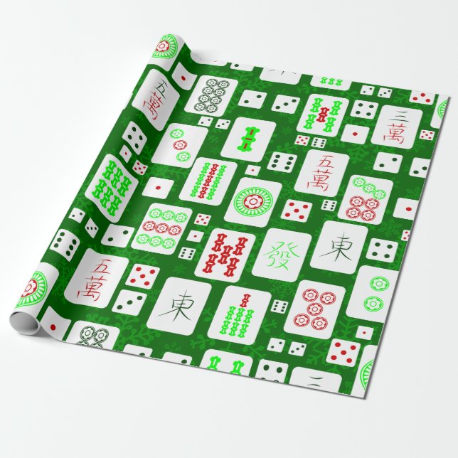 green christmas mahjong chinese tiles game asian  wrapping paper (Unrolled)