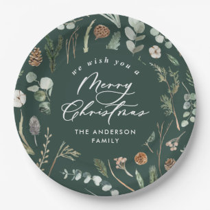 Green Christmas minimal elegant botanical Paper Plate