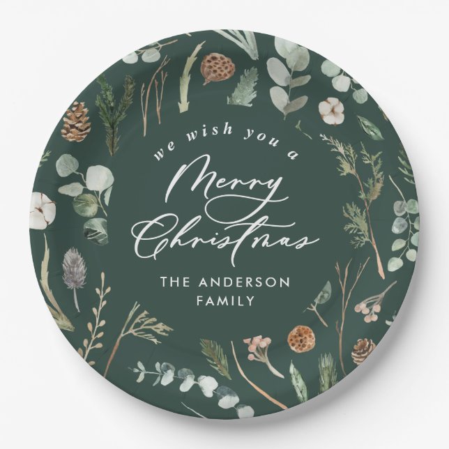 Green Christmas minimal elegant botanical Paper Plate (Front)