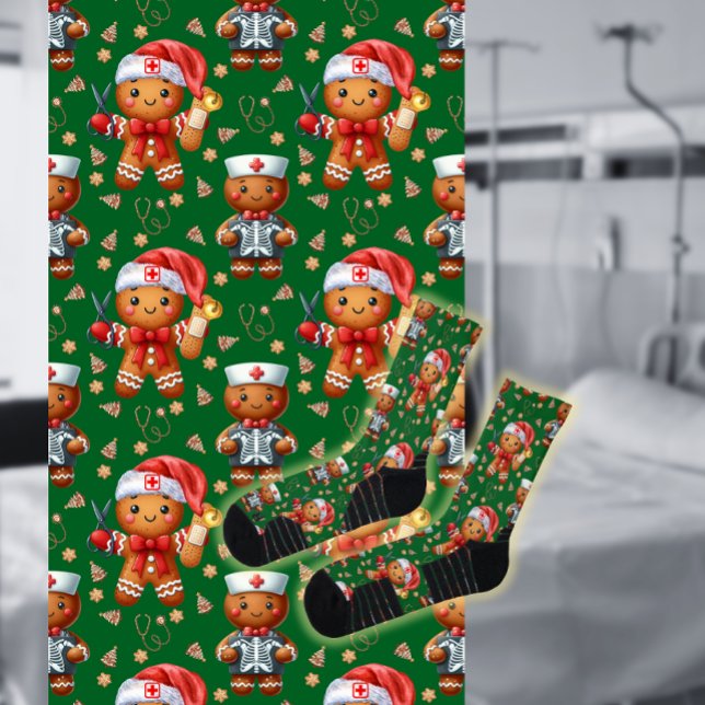 Green Christmas Nurse Whimsical Gingerbread Man Socks (Creator Uploaded)