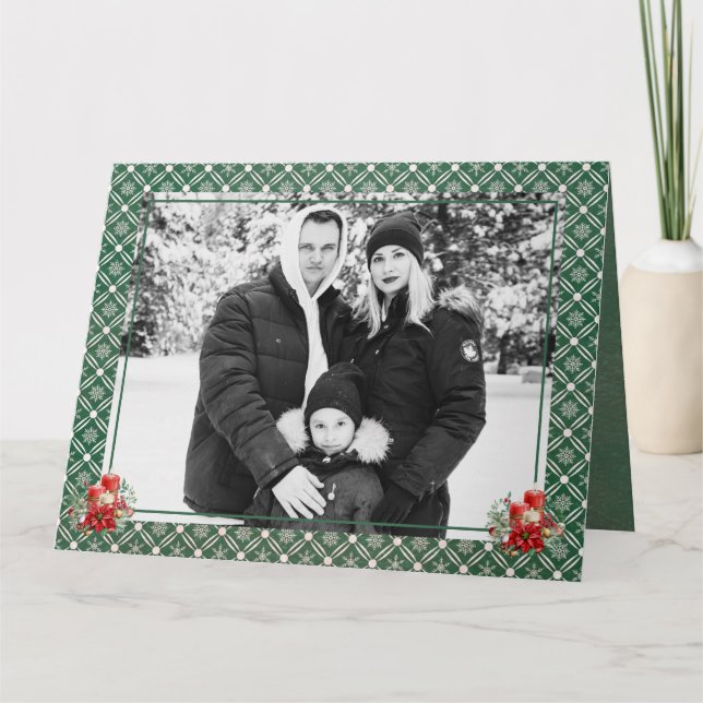 Green Christmas One Photo Snowflake Thank You Card (Front)