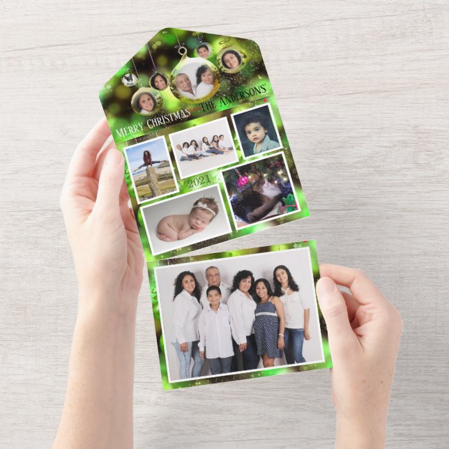 Green Christmas ornament add family photos holiday All In One Invitation (Tearaway)
