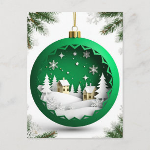 🎄 Green Christmas Ornament Magic ❄️ Snowy Winter Postcard