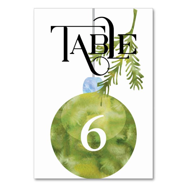 Green Christmas Ornament Wedding Reception Table Number (Front)
