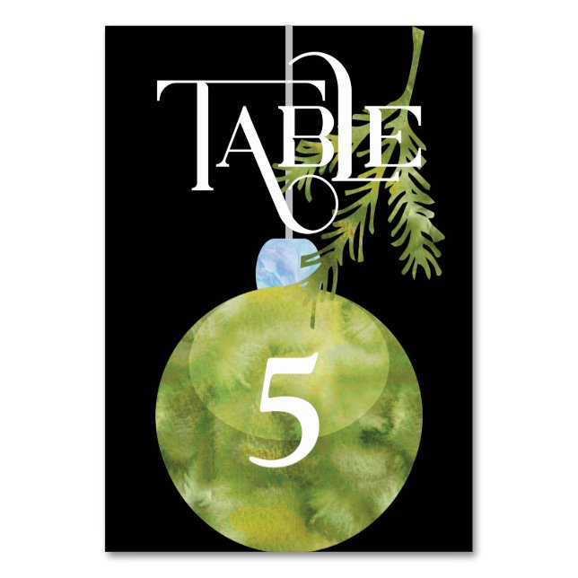 Green Christmas Ornament Wedding Reception Table Number (Front)