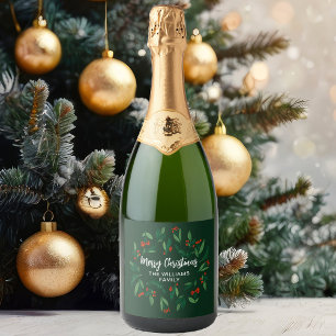 Green Christmas Party Custom Holly Berry Sparkling Wine Label