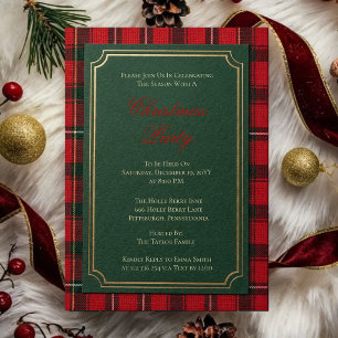 Green Christmas Party Invitation Red Tartan Plai