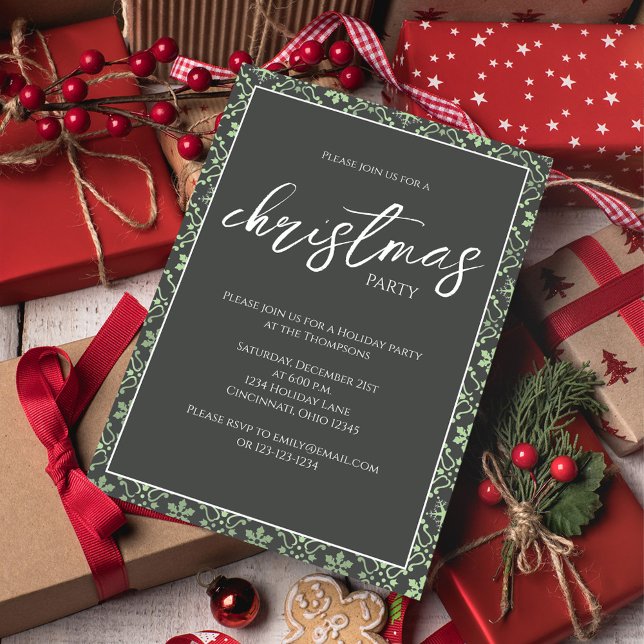 Green Christmas Party Snowflake Invitation (Simple green snowflake Christmas party invitation with a grey background. )