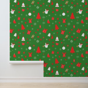 Green Christmas Pattern with Red Accents Wallpaper