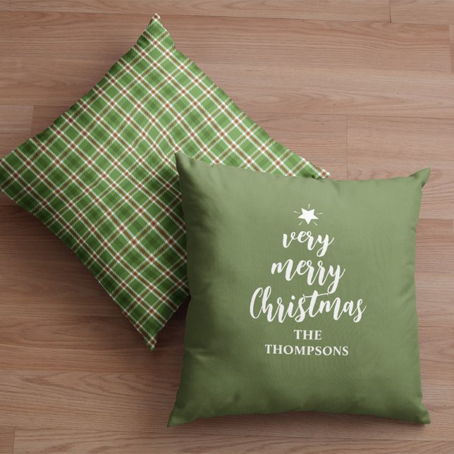 Green Christmas Plaid Merry Christmas Custom Cushion (Green plaid typography christmas throw pillow.)
