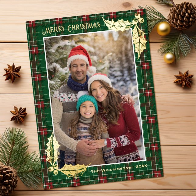 Green Christmas Plaid | Merry Christmas Photocard (Customizable Christmas photocard with a dark green plaid edge and gold foil accents of holly)