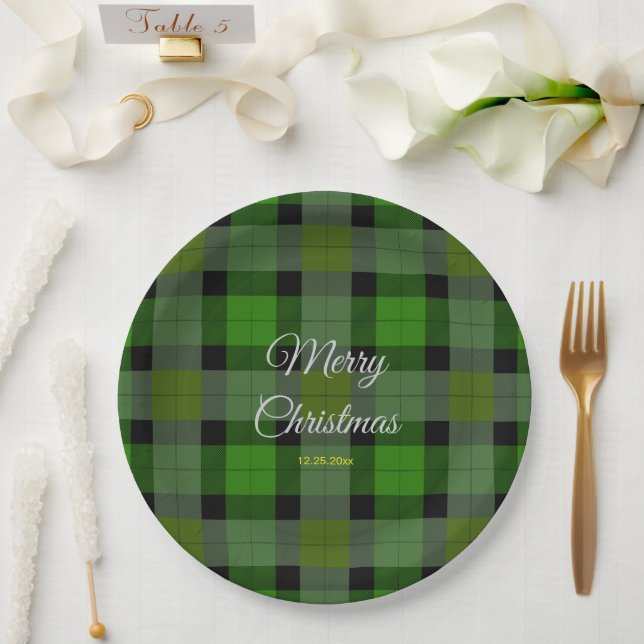 Green Christmas Plaid Pattern Paper Plate (Wedding)