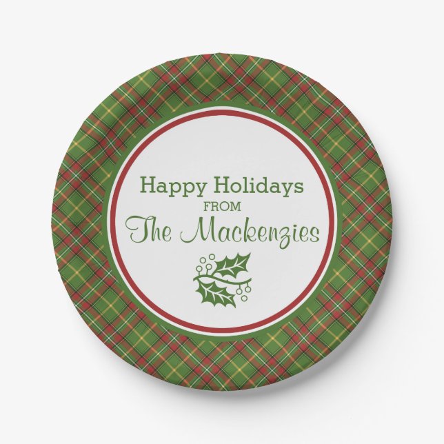 Green Christmas Plaid Pattern Personalised Paper Plate (Front)