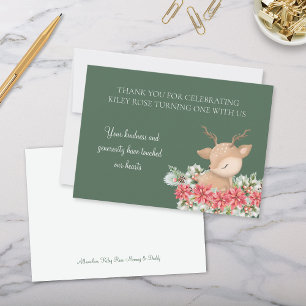 Green Christmas Poinsettia Deer Birthday Party Thank You Card