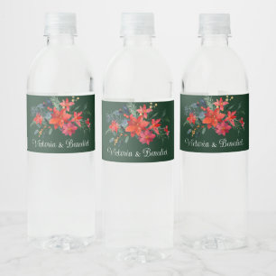 Green Christmas Poinsettia Floral Wedding Custom Water Bottle Label