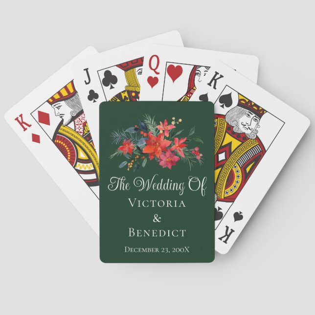 Green Christmas Poinsettia Floral Wedding Favour Playing Cards (Back)
