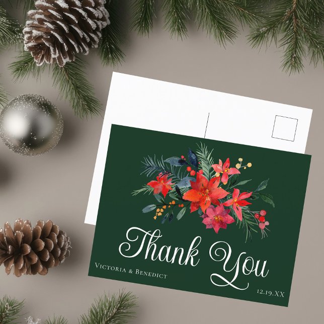 Green Christmas Poinsettia Wedding Thank You Postcard (Creator Uploaded)