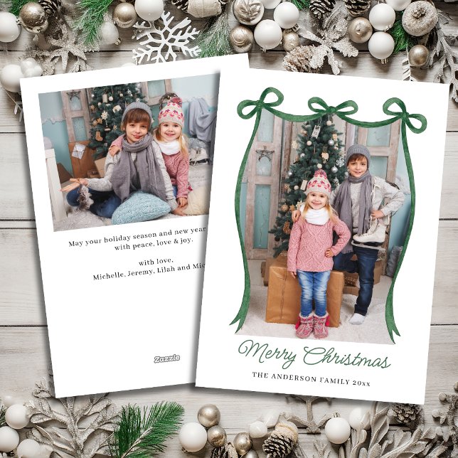 Green Christmas Ribbon Two-Photo Holiday Card (Green Christmas Ribbon 2 Photo Holiday Card)