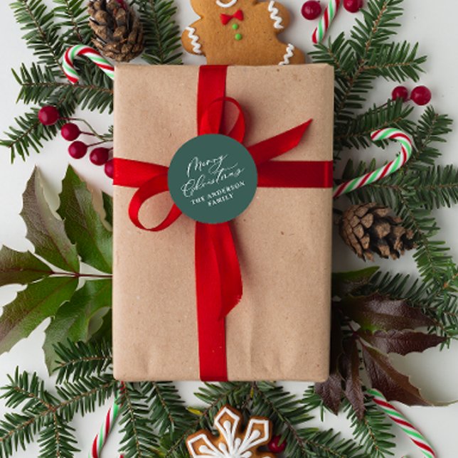 Green Christmas script modern minimal elegant Classic Round Sticker (Creator Uploaded)