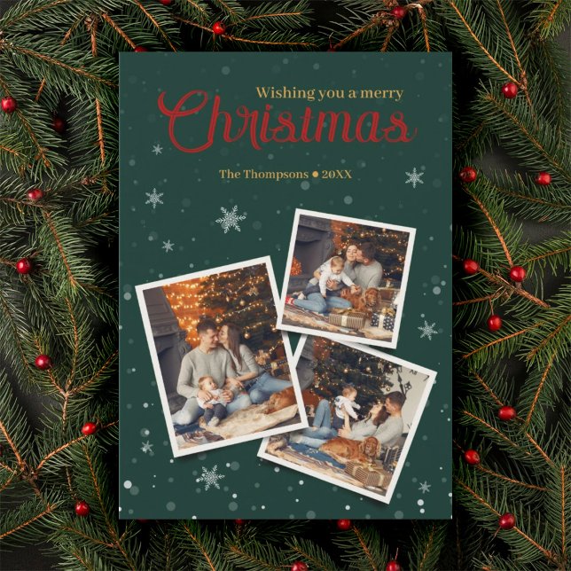 Green Christmas Snow Flakes Photo Collage Holiday Card (Creator Uploaded)