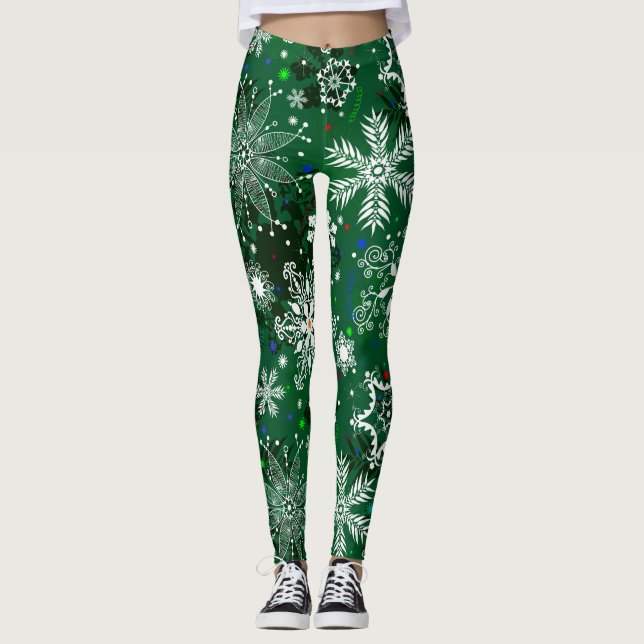 Green Christmas snowflake pattern leggings (Front)