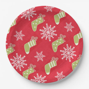 Green Christmas Stockings and Snowflakes Red Paper Plate