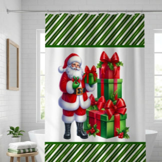 Green Christmas Stripes With Santa Shower Curtain