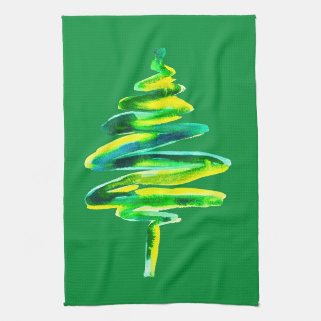 Green Christmas tree abstract watercolor Tea Towel (Vertical)
