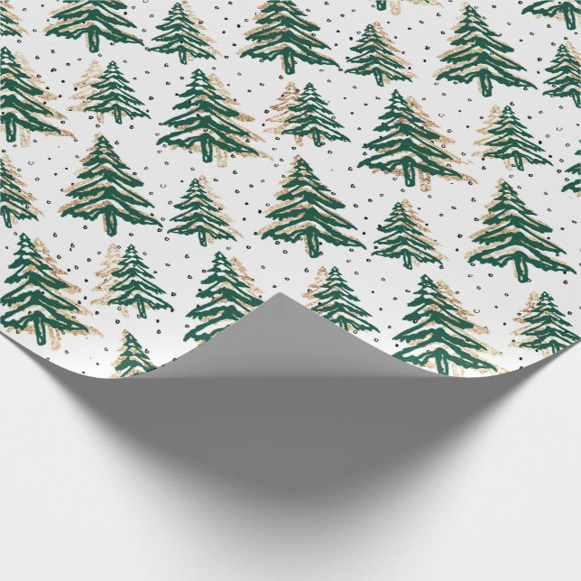 Green Christmas Tree and Gold Faux-Glitter Pattern Wrapping Paper (Corner)