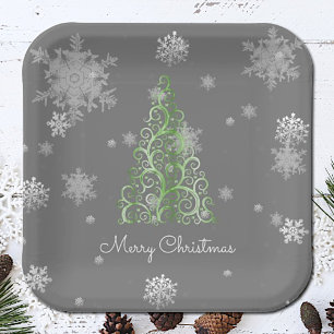 Green Christmas Tree and Snowflakes Paper Plate