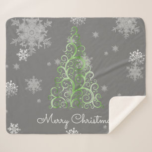 Green Christmas Tree and Snowflakes Sherpa Blanket