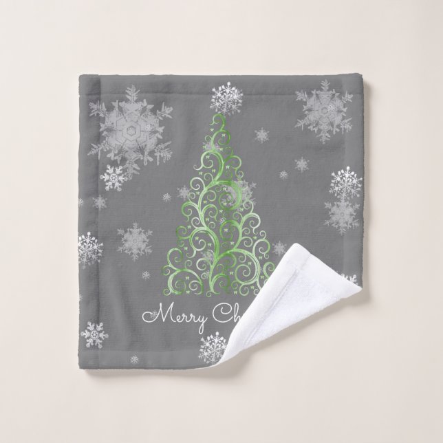 Green Christmas Tree and Snowflakes Towel Set (Wash Cloth)