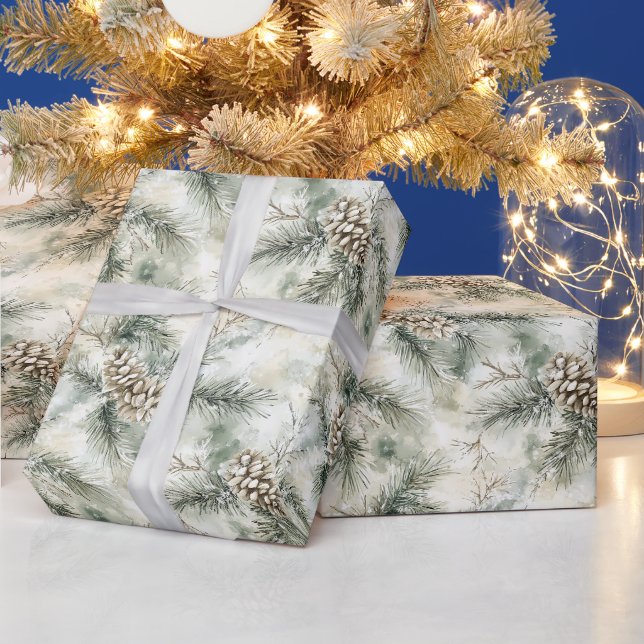 Green Christmas Tree Branches Pine Cones Wrapping Paper (Holidays)
