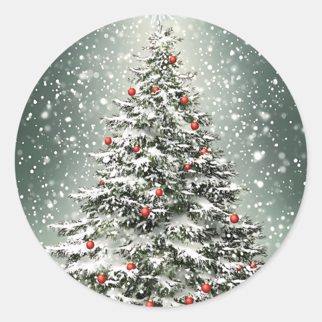 Green Christmas Tree Colourful Ornaments White Sno Classic Round Sticker (Front)