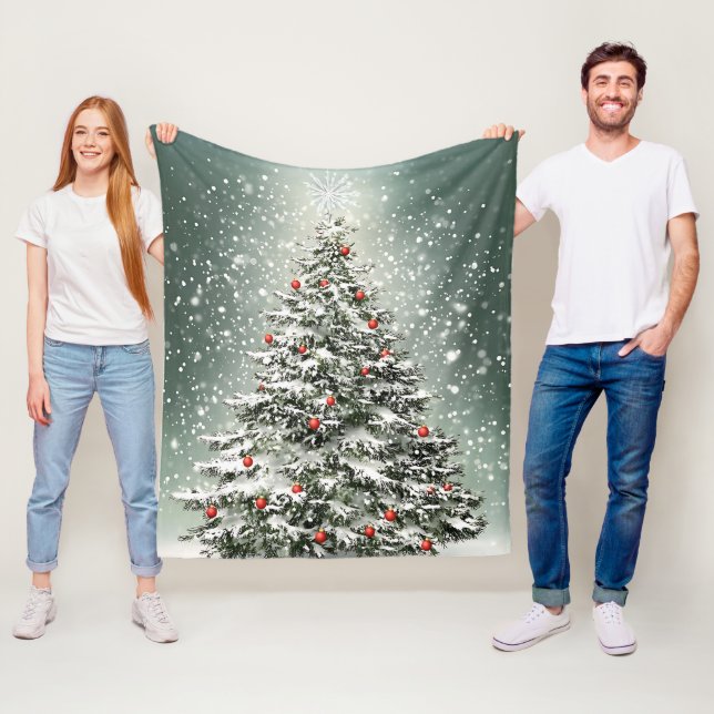 Green Christmas Tree Colourful Ornaments White Sno Fleece Blanket (In Situ)