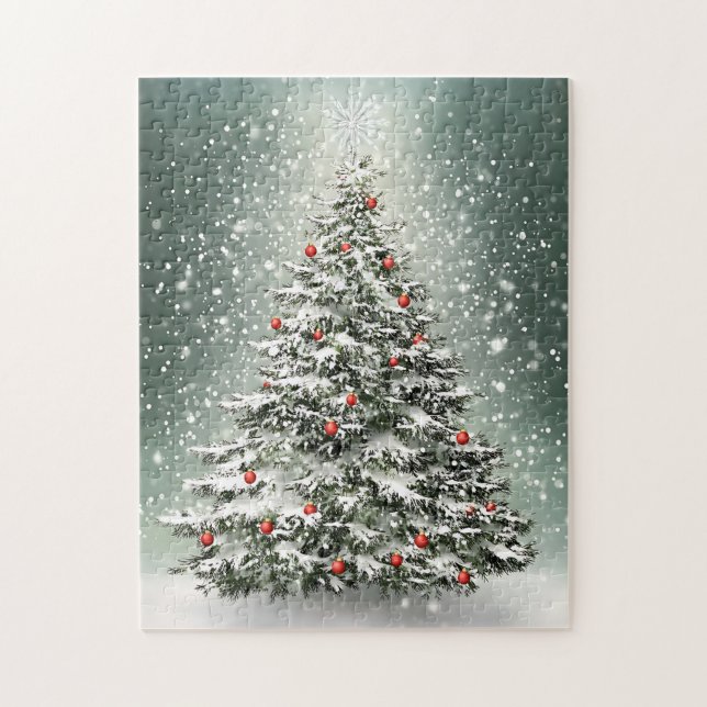 Green Christmas Tree Colourful Ornaments White Sno Jigsaw Puzzle (Vertical)