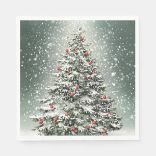 Green Christmas Tree Colourful Ornaments White Sno Napkin