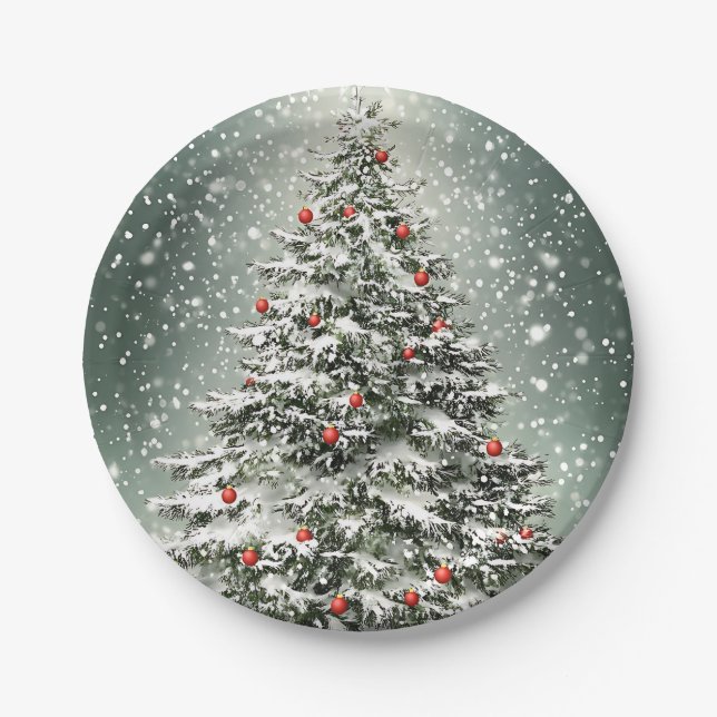 Green Christmas Tree Colourful Ornaments White Sno Paper Plate (Front)