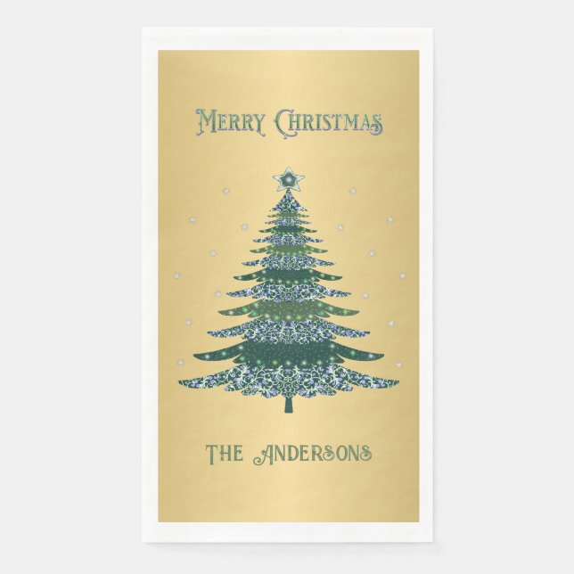 Green Christmas Tree Custom Name Gold Foil Napkin (Front)